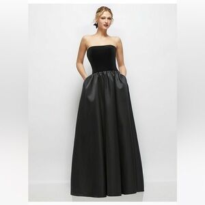 new Dessy Collection Nellie STRAPLESS BLACK VELVET AND SATIN DROP WAIST GOWN